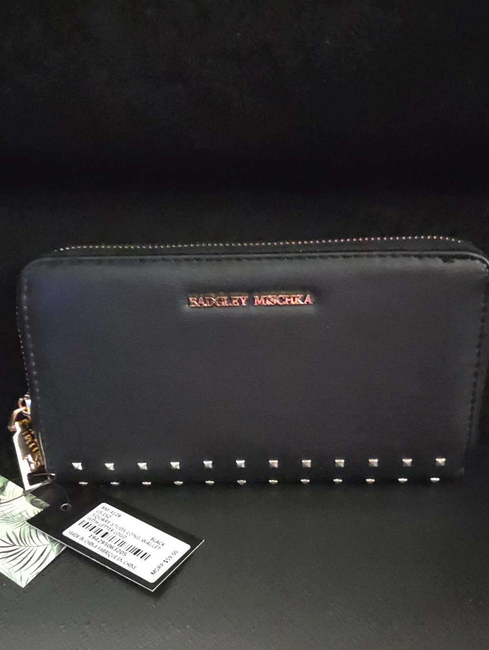Badgley Mischka Black Zip Wallet with Gold Logo and Stud Accents